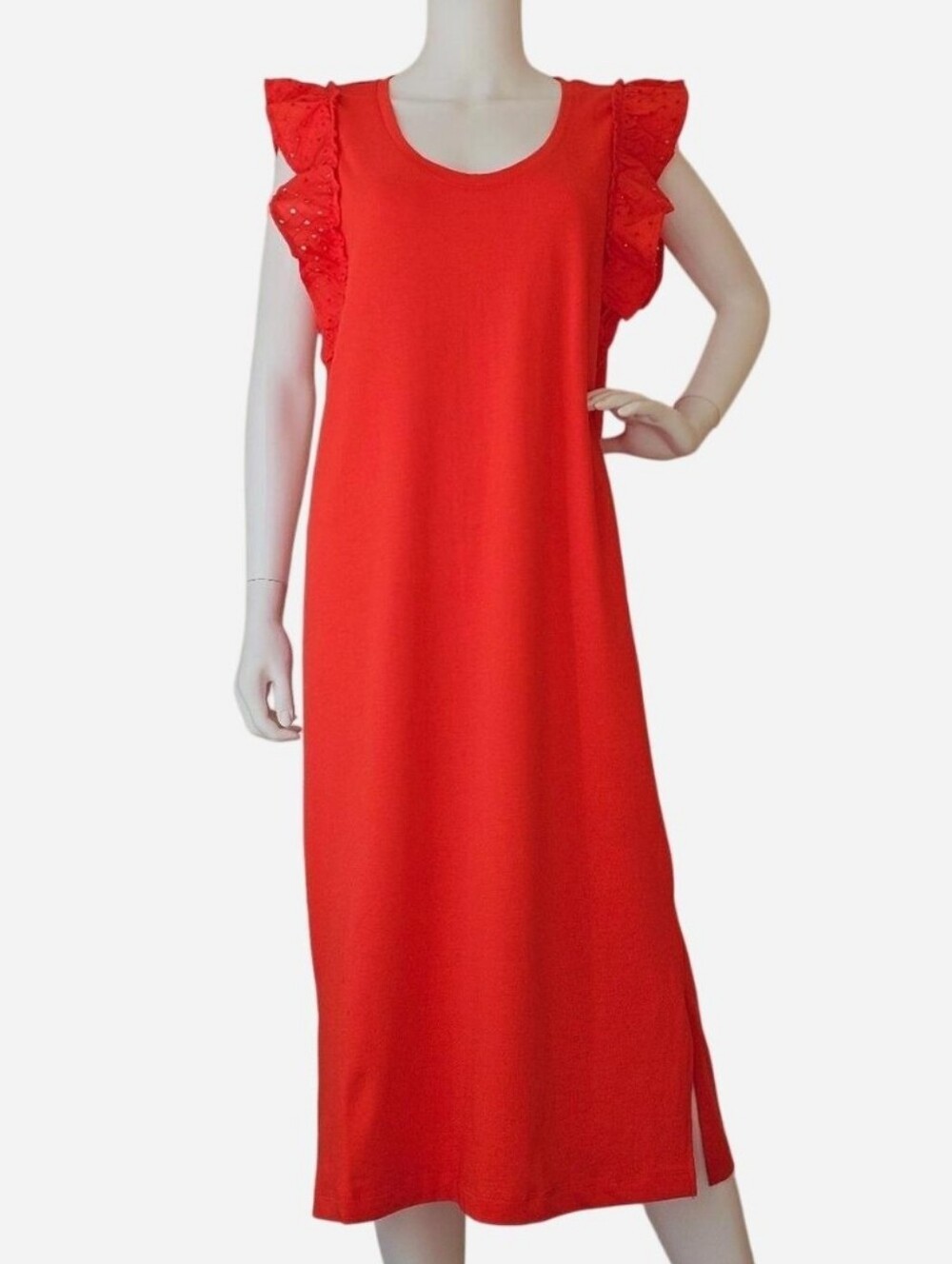 THE GET Women's Red Ruffle Eyelet Sleeve Midi Dress. Size M